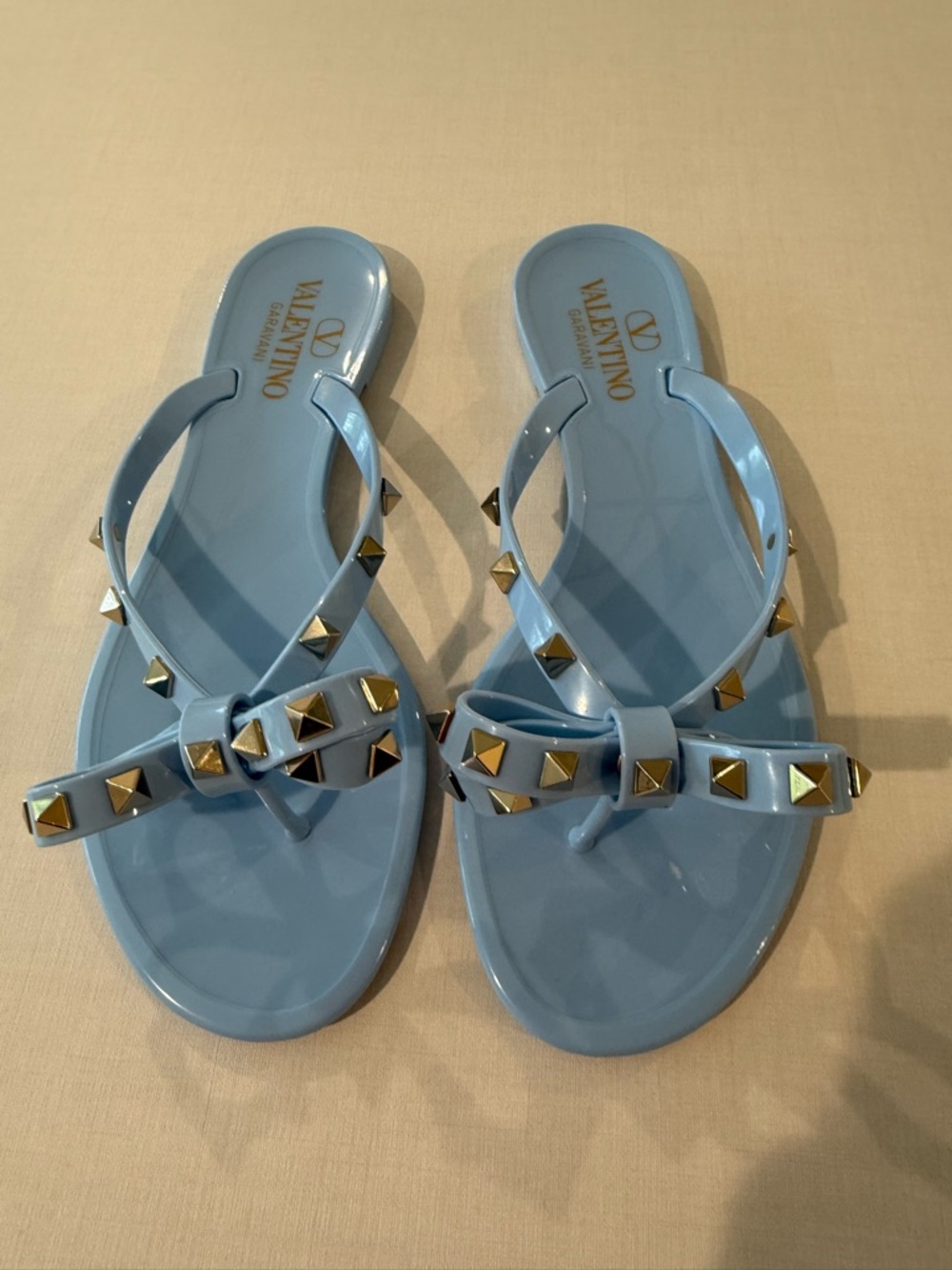 Valentino Light Blue Rockstud Jelly Bow Thong Sandals
